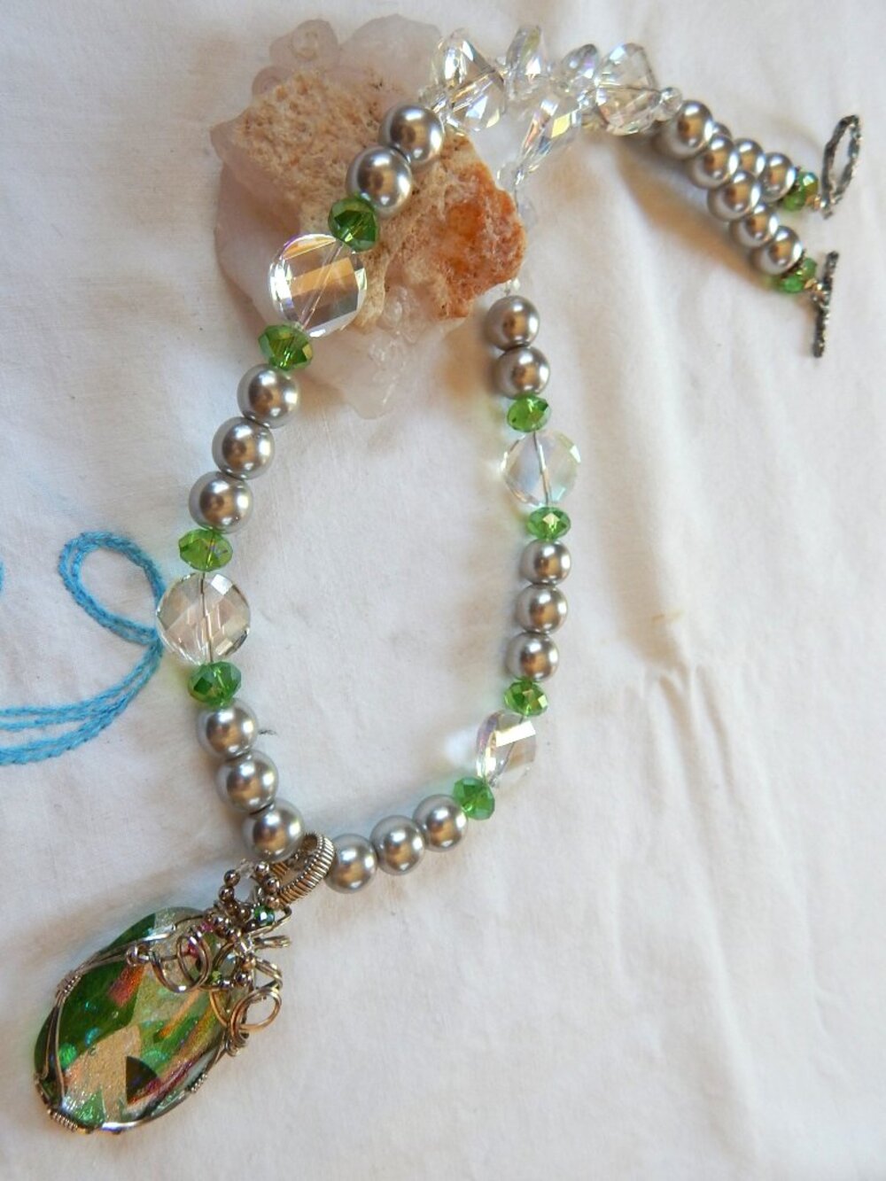 Hand Crafted Fused Glass Pendant - Wire Wrapped - Beaded Necklace
